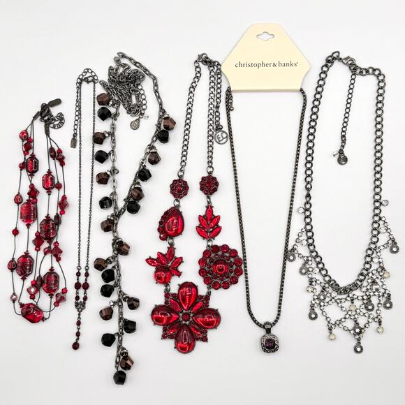 6 Piece Signed Necklace Lot Gunmetal Gray Gothic Dramatic Dark Romantic Holiday - Picture 1 of 17